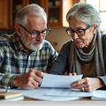 Old couple reviewing bills together at kitchen table.