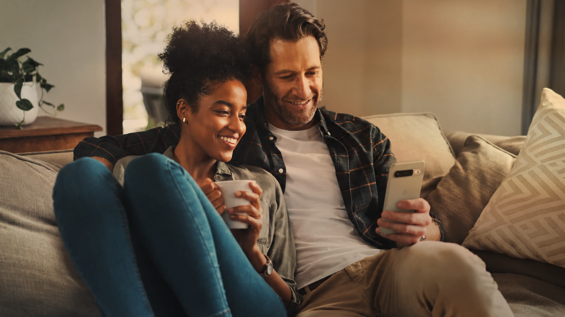 Couple sits on the couch, looking at the man's phone.