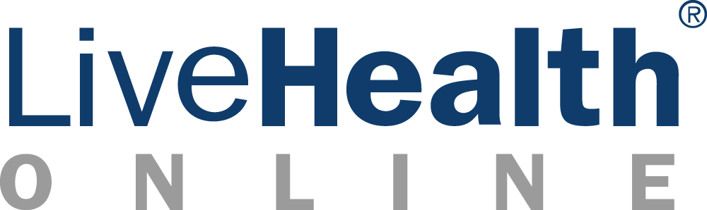 LiveHealth Online logo, all in letters with blue and gray.