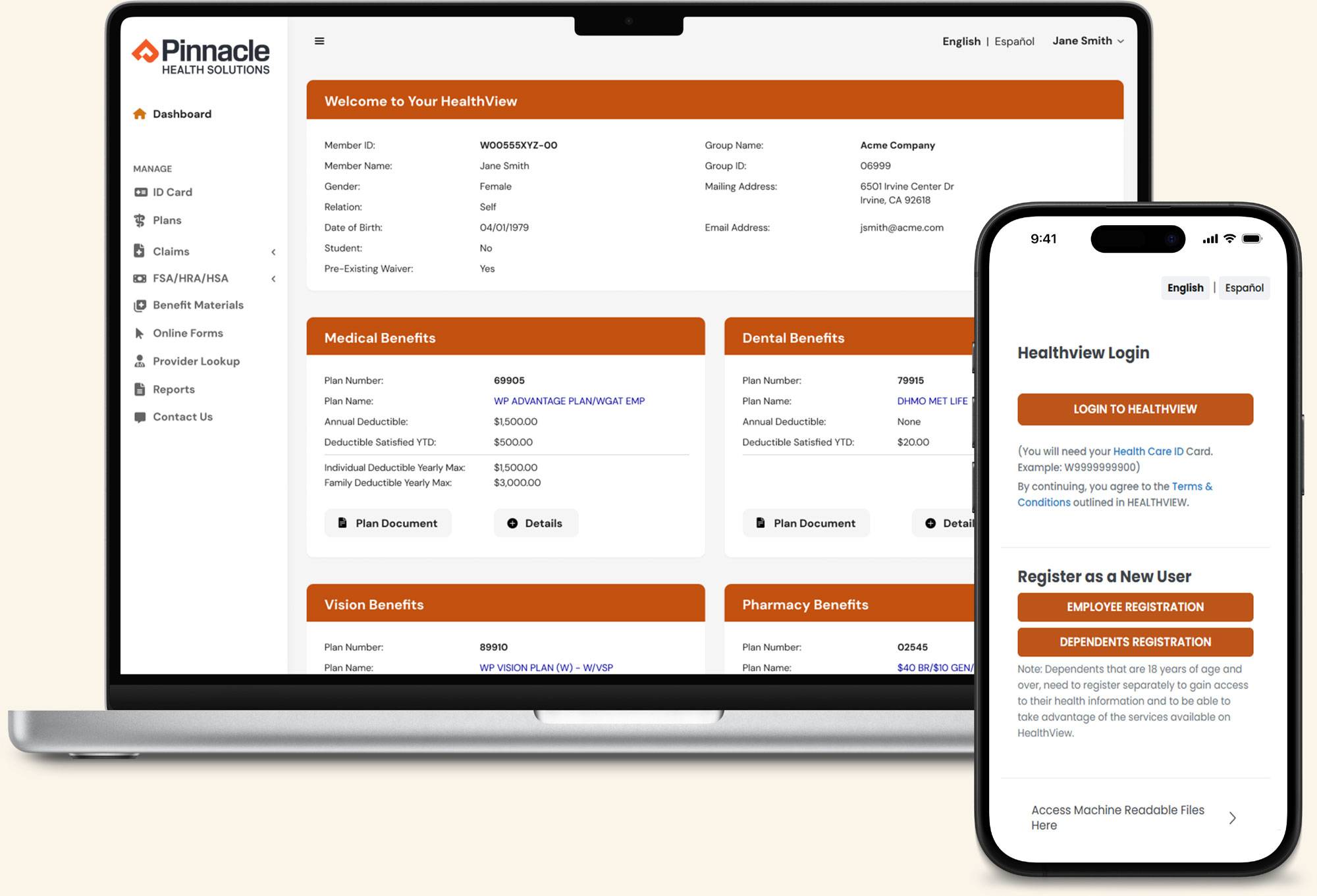 Laptop and iphone next to each other, showing login for Pinnacle Health Solutions.