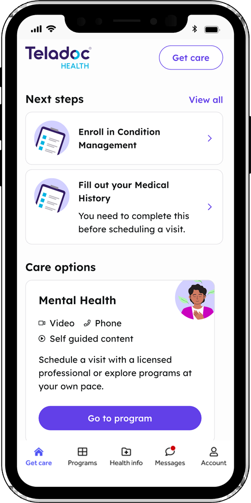 Mobile phone displaying teladoc health app.