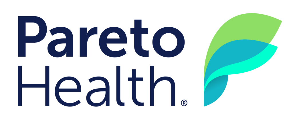 Pareto Health logo in blue font, with green and blue leaf next to text.